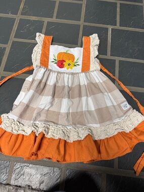 Girls Orange & Beige Pumpkin Apron Dress Kids Costume
